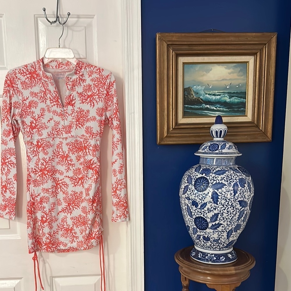 Cabana Life 1/4 Zip White Pink Floral Nylon & Spandex Long Sleeve Swim Dress